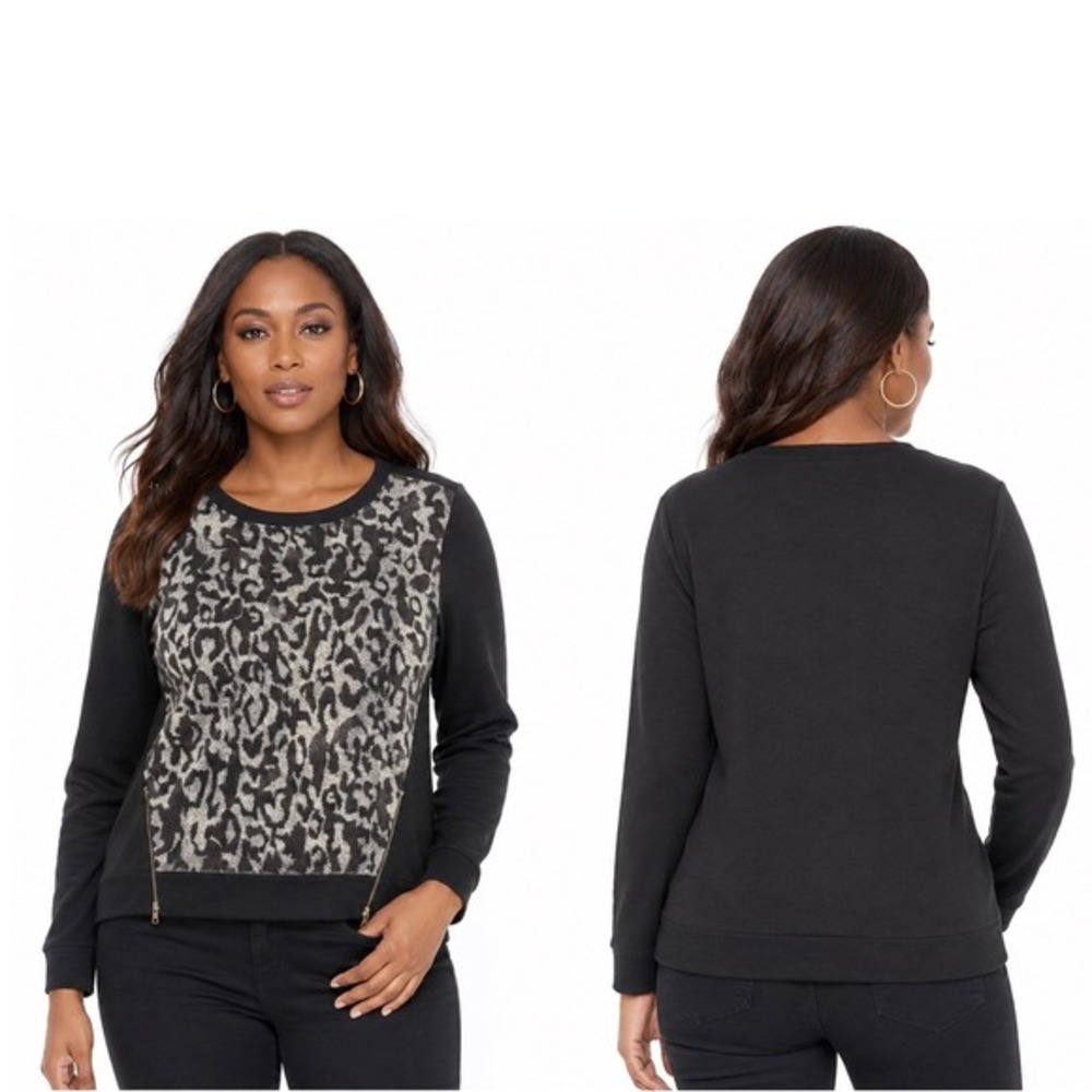 Ann Taylor Leopard Print Mixed Media Sweatshirt Black Gray Zip Detail M 75-19‎
